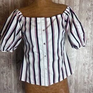 WAYF Striped Off-Shoulder Puff-Sleeve Button-Up Blouse